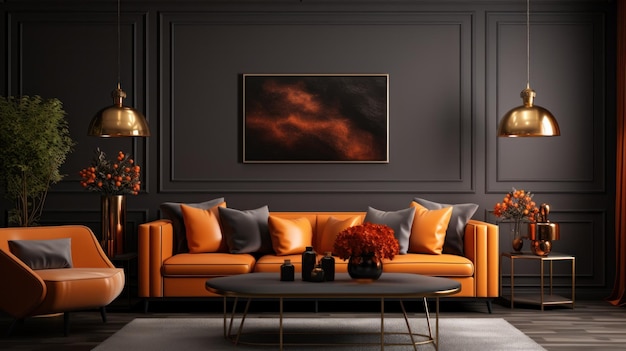 Interno nero e arancione del soggiorno