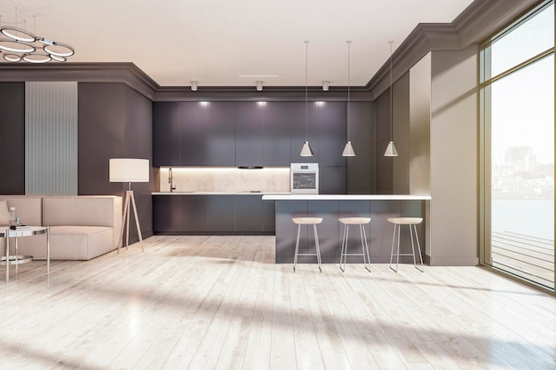 Interno nero moderno della cucina dello studio con la finestra del pavimento di legno con la vista della città e il rendering 3D della luce solare