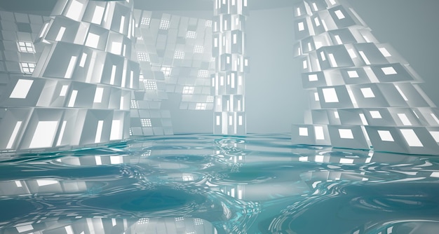 Interno parametrico astratto dell'acqua bianca e blu con illustrazione e rendering 3D della finestra