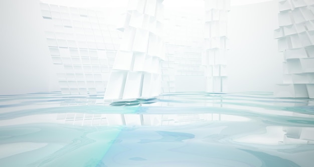 Interno parametrico astratto dell'acqua bianca e blu con illustrazione e rendering 3D della finestra