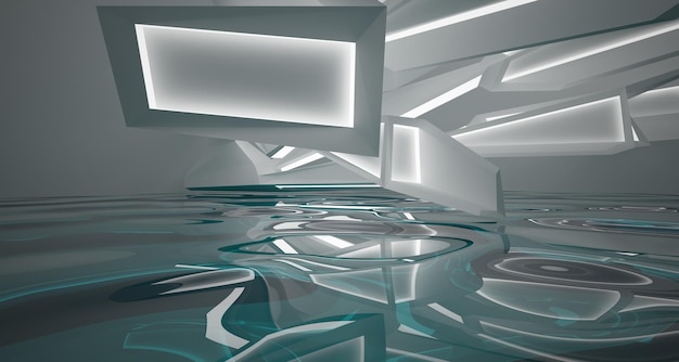 Interno parametrico astratto dell'acqua bianca e blu con illustrazione e rendering 3D della finestra