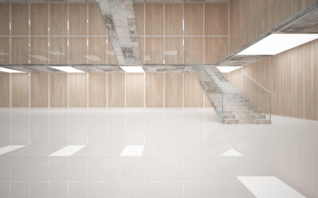 Interno parametrico astratto in cemento e legno con finestra. Illustrazione e rendering 3D.