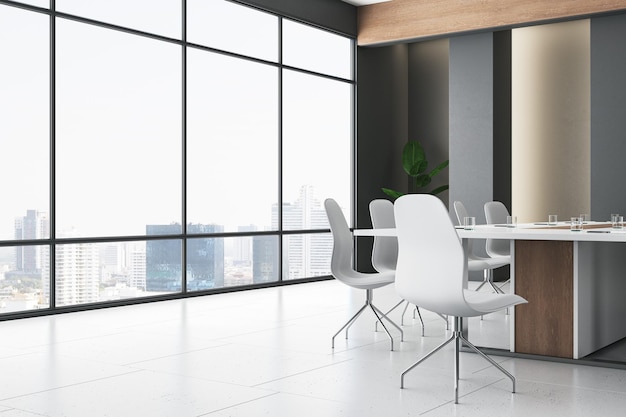 Interno pulito della sala riunioni con finestra panoramica, mobili con vista sulla città e pavimento in cemento Rendering 3D