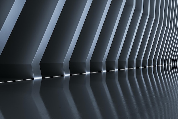 Interno pulito di corridoio grigio futuristico con riflessi concetto di nave spaziale 3D Rendering