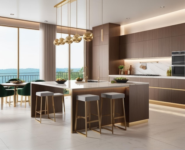 Interno residenziale di una cucina moderna in un palazzo di lusso rendering 3d