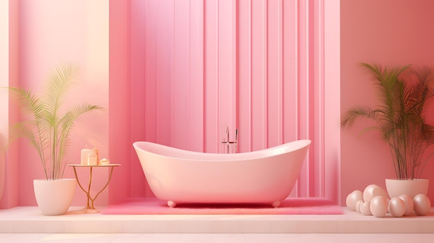 Interno rosa Barbie del bagno moderno con vasca da bagno rosa rendering 3D