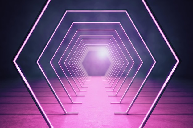 Interno rosa con corridoio esagonale luminoso astratto
