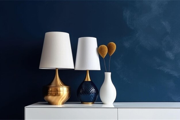 Interno scandinavo a design minimalista con parete blu Accessoori per lampade dorate IA generativa