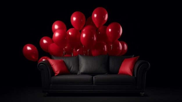 Interno scuro con palloncini rossi e un divano Festa di compleanno