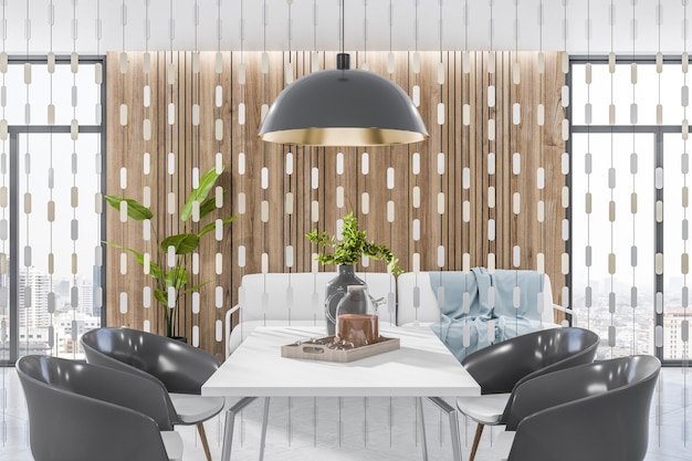 Interno semplice e luminoso del soggiorno con finestra per mobili con vista sulla città Rendering 3D del concetto di design