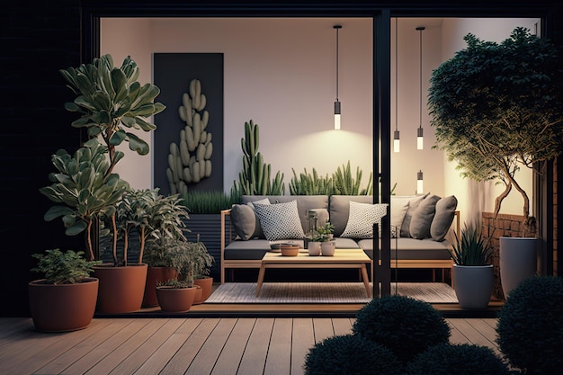 Interno serale del patio moderno con divano e tavolino con piante create con ai generativo