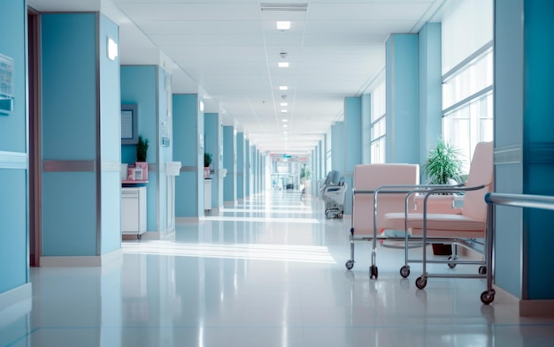 Interno sfocato della sala dell'ospedale Banner medico astratto con spazio vuoto per il testo