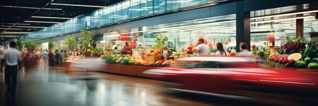 Interno sfocato e luminoso di un ampio negozio di alimentari aperto con effetto sfocato