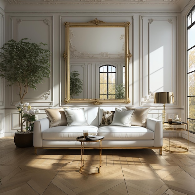 Interno soggiorno bianco e oro con grande specchio