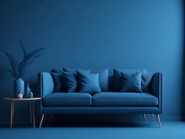 Interno soggiorno blu con divano blu 3d render illustrazione