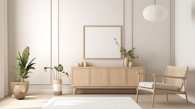 Interno soggiorno con cornice mock up mobili in legno naturale Generativo Ai