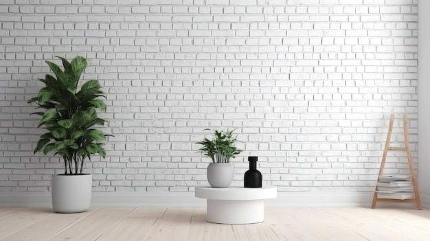 Interno soggiorno con foglia di pianta in vaso muro di mattoni bianco mock up sfondo Ai generativo