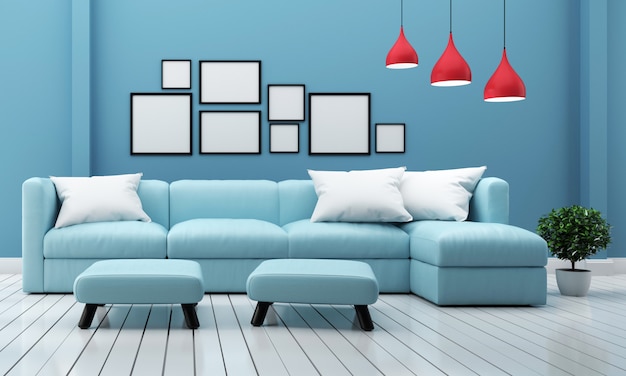 interno soggiorno con piante divano e lampada sul fondo della parete blu. Rendering 3D