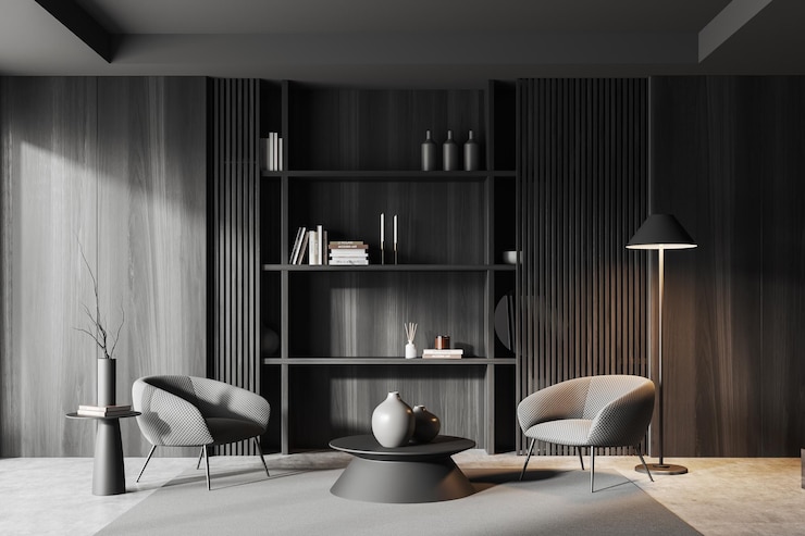 Foto interno soggiorno grigio con ripiano due poltrone con decoro