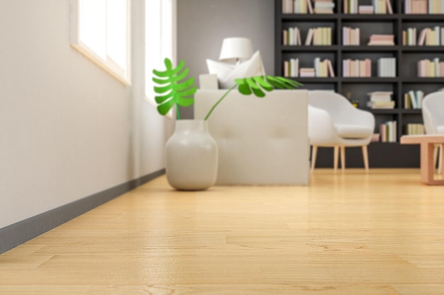 Interno soggiorno in stile accogliente con pavimento in legno