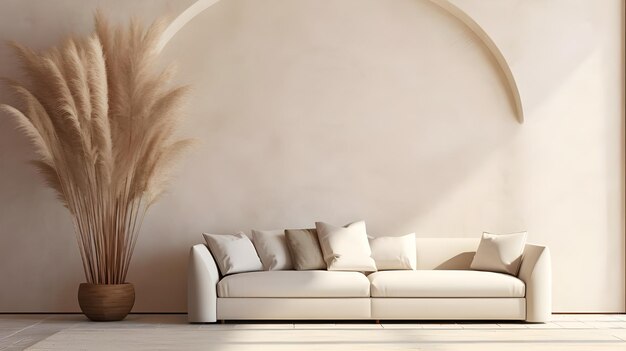 interno soggiorno minimalista con arte a parete e divano bianco e vaso bianco