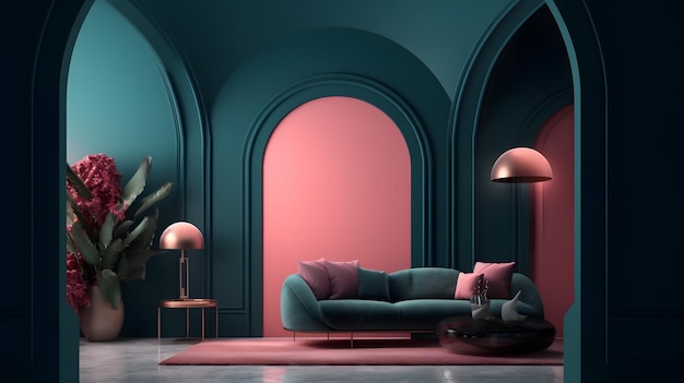 Interno soggiorno minimalista con pareti blu pavimento in cemento divano viola e archi a tutto sesto