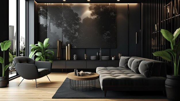 Interno soggiorno scuro con divano grigio di lusso