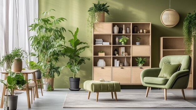 Interno verde con divano e decorazione