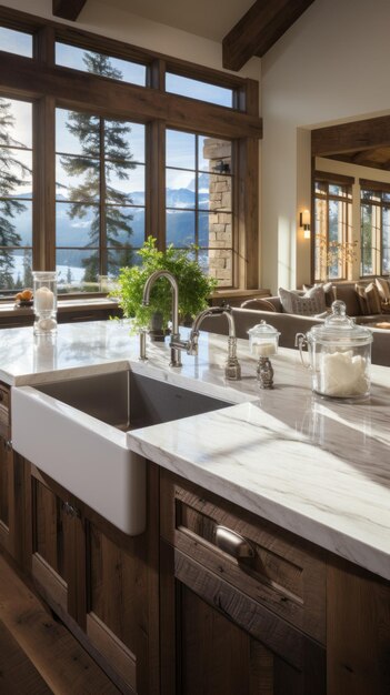Interno verticale di cucina moderna di lusso con bancone in marmo e armadi in legno