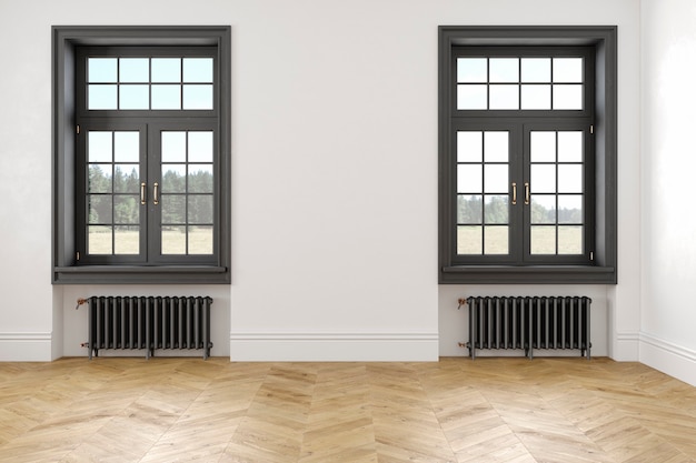 Interno vuoto bianco scandinavo classico con finestre, parquet e batterie di riscaldamento. 3d render illustrazione.