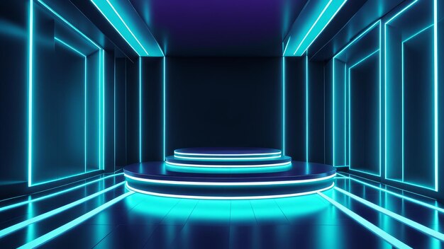 interno vuoto del night club con pannelli al neon luminosi fondo turchese astratto futuristico