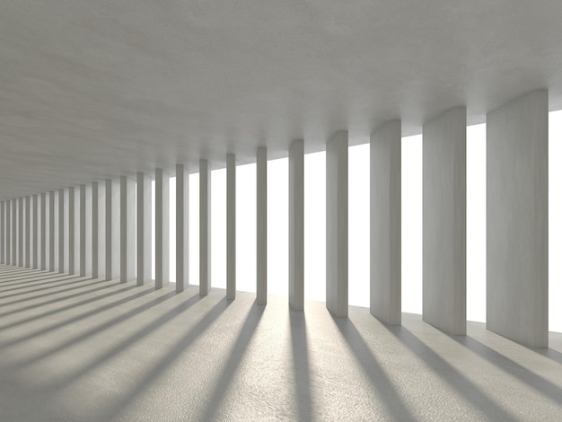 Interno vuoto dello spazio concreto con luce solare e rendering 3d ombra