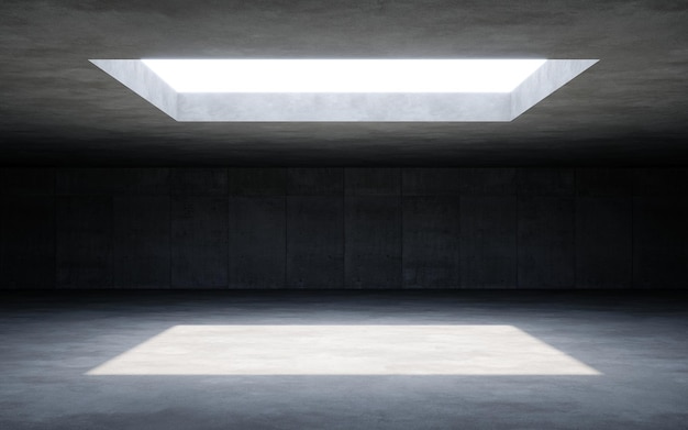 Interno vuoto dello spazio concreto con luce solare e rendering 3d ombra