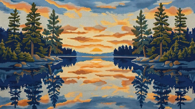 Interpretazione affascinante di Needlepoint di un sereno lago all'alba con riflessi dettagliati