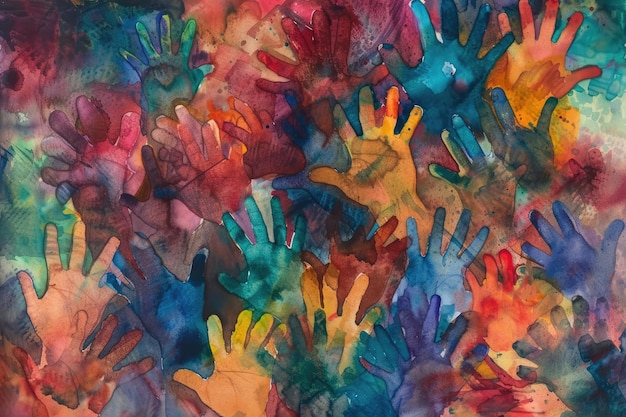 interpretazione in acquerello in stile impressionista di molteplici impronte di mani sovrapposte