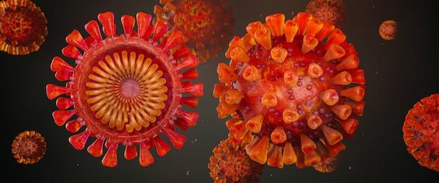 Intestazione del virus Corona e della sezione trasversale con il virus SarsCoV2 come rendering 3D realistico