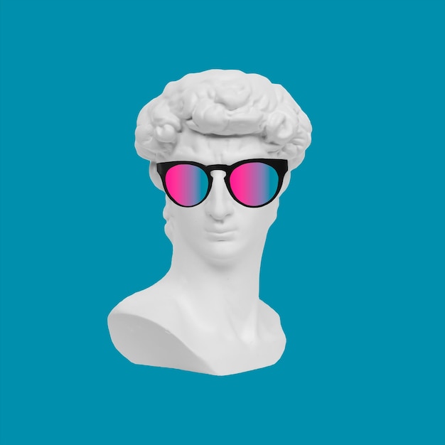 Intonaco bianco antica testa della statua di David in occhiali da sole colorati Design moderno e creativo