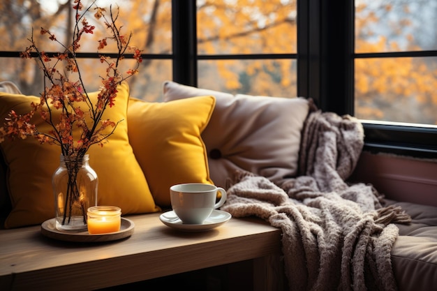 Intorno accogliente e moderno con una tazza di tè in soggiorno vicino alla finestra all'interno IA generativa