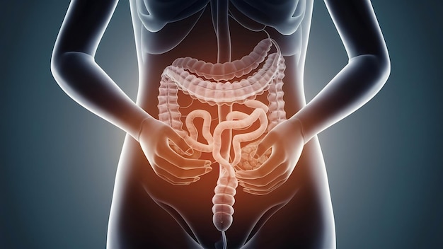 Intossicazione alimentare e enterite sindrome dell'intestino irritabile l'intestino grosso è sul corpo della donna