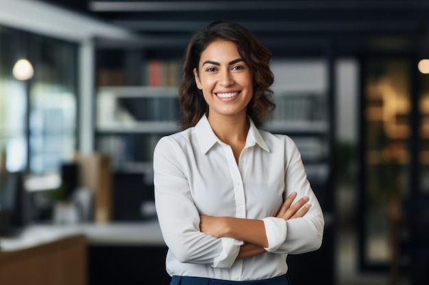 intraprendente donna latina che guarda la telecamera in un ufficio