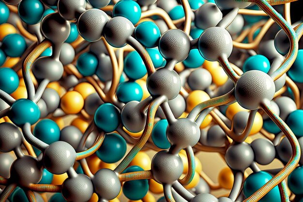 Intreccio di catene e sfere nella struttura chimica del primo piano della molecola