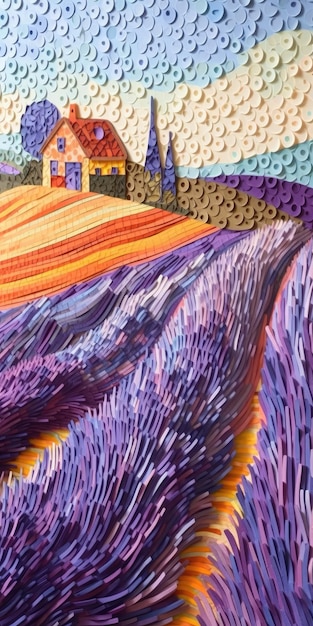 Intricata arte cartacea neoimpressionista dei campi di lavanda nella Provenza francese