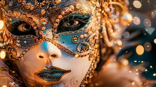 Intricata maschera veneziana con perle e piume.