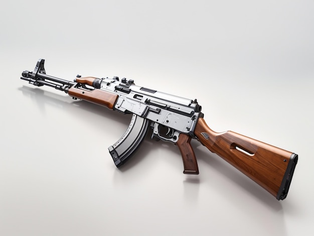 Intricata pistola AK47 con potenza di fuoco su uno sfondo bianco pulito