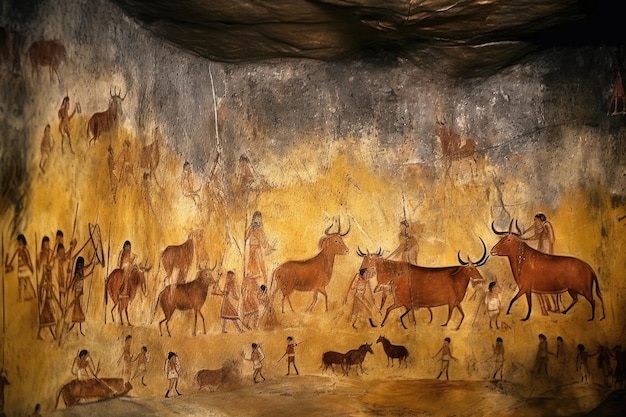 Intricate pitture rupestri che raffigurano una scena di caccia primitiva creata con ai generativi