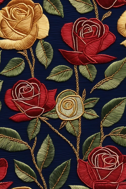 Intricati ricami con rose dettagliate su tessuto
