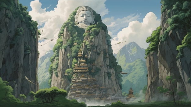 Intricato dipinto opaco del paesaggio del tempio con una grande statua su una lussureggiante collina verde ispirata all'ambientazione di Legend of Korra