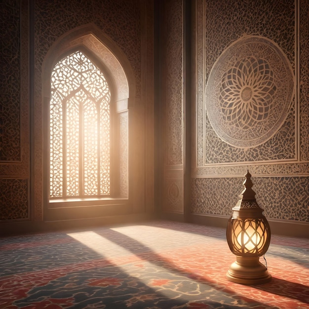 Intricato tappeto lanterna islamico e finestra intagliata