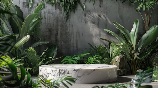 Introduci il lusso nelle vetrine dei tuoi prodotti con questo podio 3D in marmo abbracciato da lussureggianti piante tropicali per un podio di sfondo 3D di fascia alta