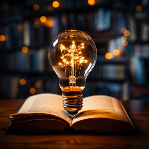 Intuizioni illuminate La lampadina sopra il libro indica idee creative promosse attraverso la lettura di For Soc